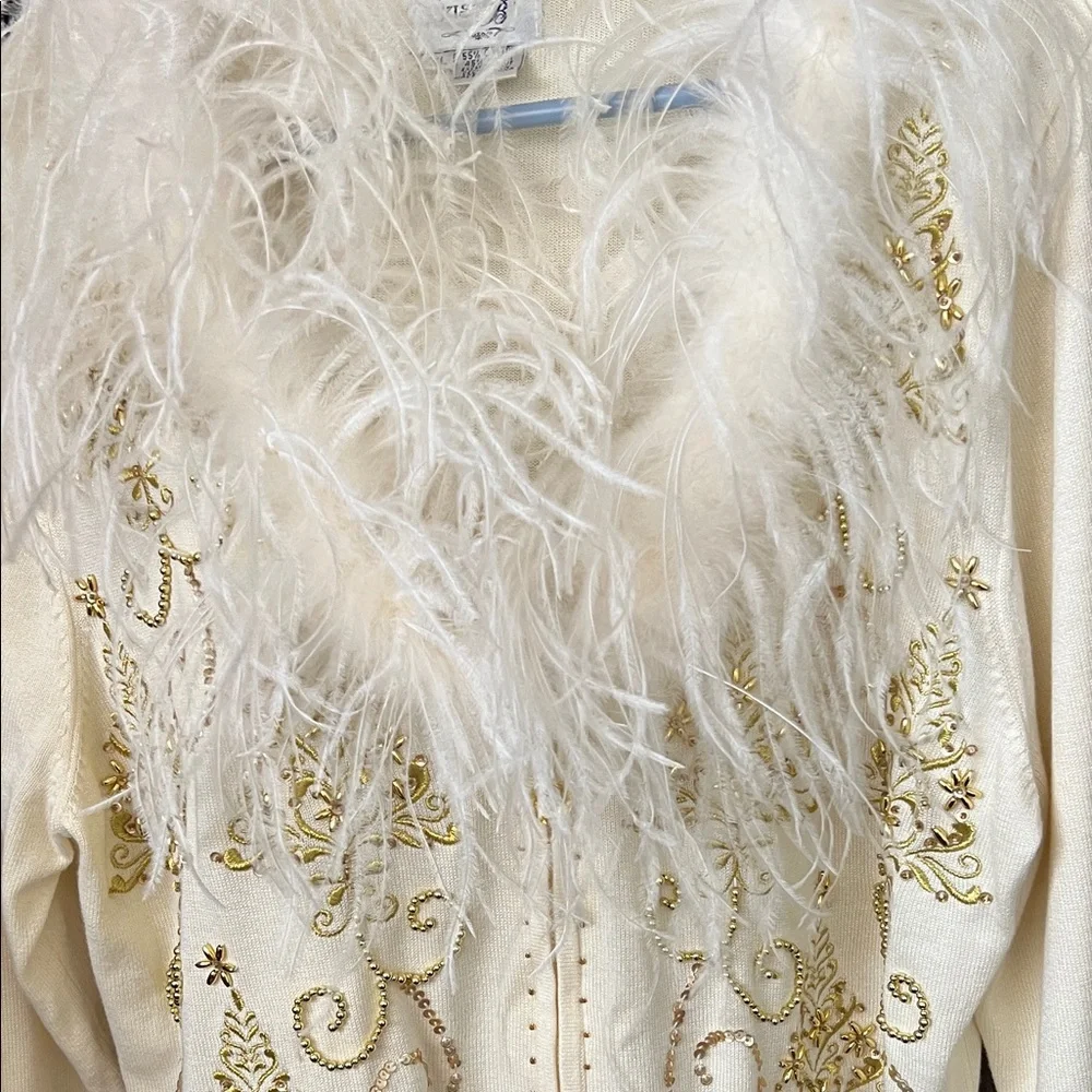 Elegant Cream and Gold Christmas Holiday Women's Sweater with Feather Trim - Picture 17 of 17